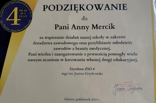 Podziękowanie dla naszego pracownika Pani Anny Mercik